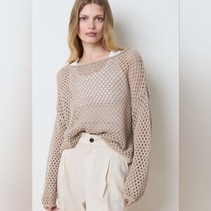 Les Copains Metallic Open Weave Knit Sweater Beige Gold Designer